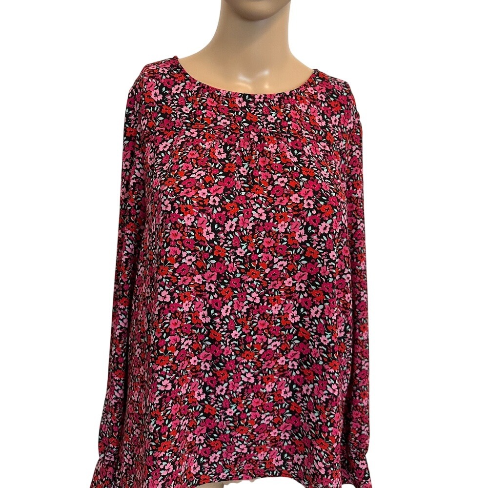 J. Crew Womens Floral Print Long Sleeve Blouse Top Black Pink Red‎ Size S